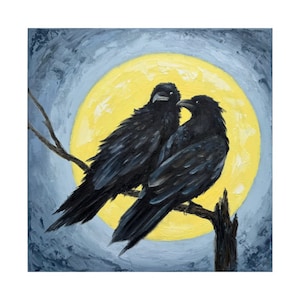 カラスの絵画 鳥 オリジナルアート カラスの絵画 カラスのウォールアート 動物アートワーク カラスのキャンバス 油彩画 黒い鳥のアートワーク 12 x 12 インチ