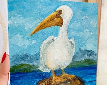 油絵　専用　小鳥さんのかくれんぼ２ 　かくれる小鳥 ペリカンの絵画：インパスト油絵の鳥のアートワーク、6x6インチ - Etsy