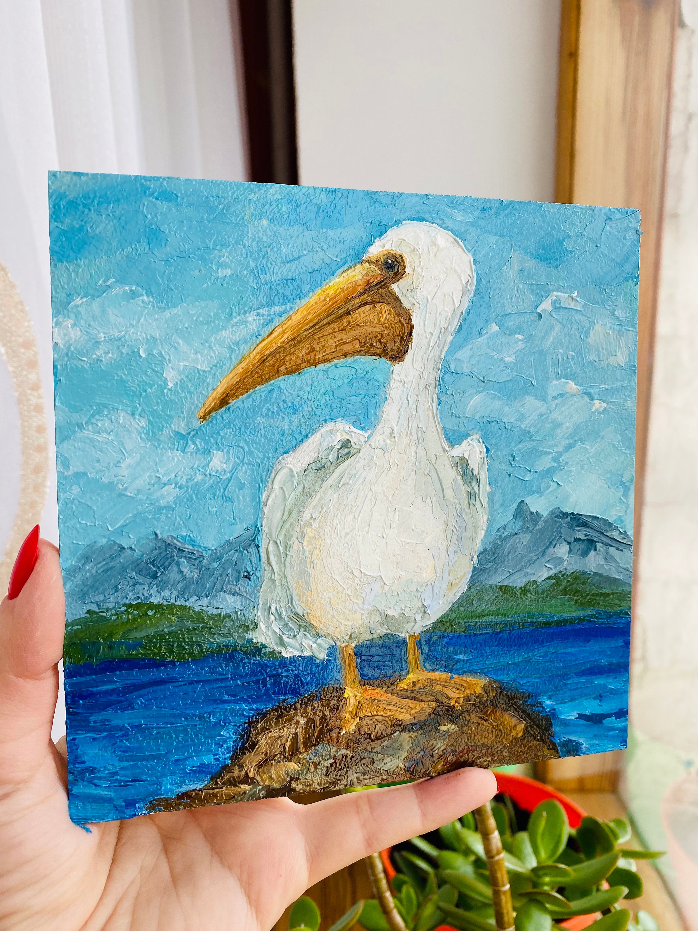 ペリカンの絵画：インパスト油絵の鳥のアートワーク、6x6インチ - Etsy