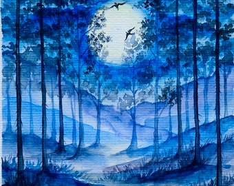 満月の松の木の水彩画：夜の森の風景画（8 x 6インチ） - Etsy 日本