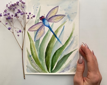 トンボの水彩画（オリジナル）：昆虫アート（8x6） - Etsy 日本