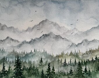 Smoky Mountains Watercolor Painting: Blue Ridge National Park Art (6x8 inches)