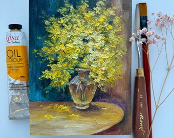 ミモザのインパスト画：花の静物画、黄色い花のアートワーク（7x5