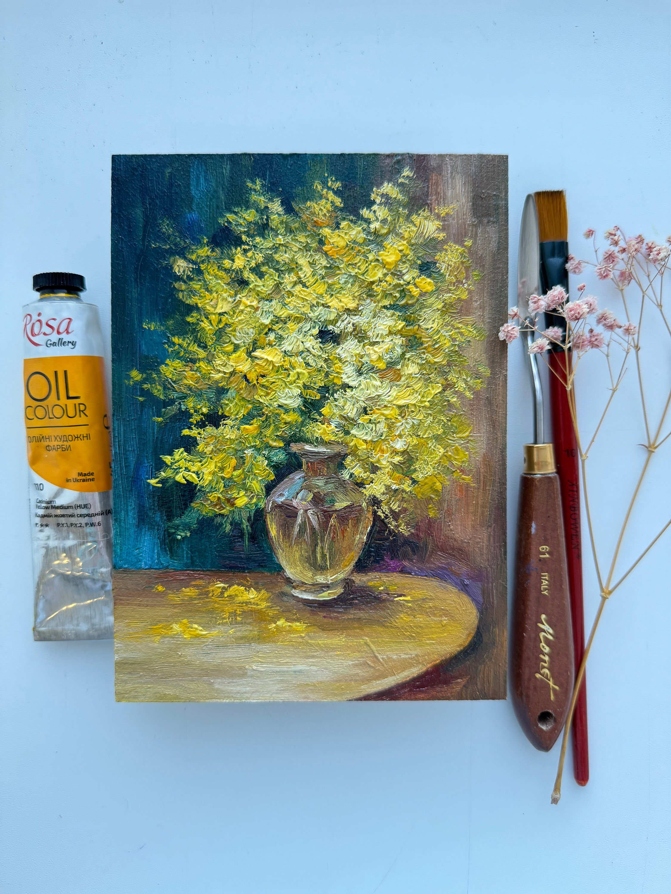 ミモザのインパスト画：花の静物画、黄色い花のアートワーク（7x5