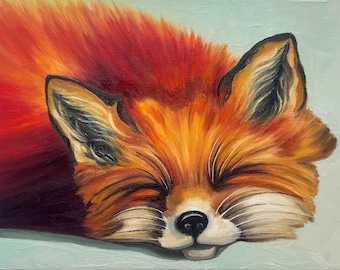 Sleeping Red Fox Oil Painting on Canvas: Wild Animal Art (8x12)
