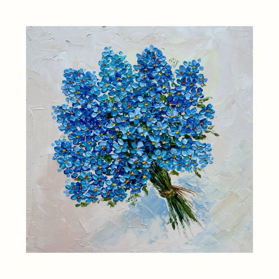 忘れな草の油絵：インパストフローラルアート、8x8 - Etsy 日本