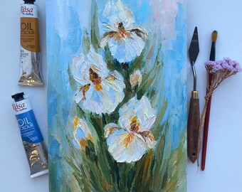 オリジナルアイリス油絵：白い花のインパストアート（12x8） - Etsy 日本