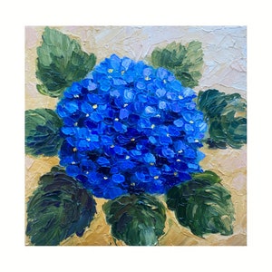 Pintura de hortensias Arte floral original Arte de pared de hortensias Pintura de empasto de flores Pintura pequeña de hortensias azules de 6 x 6 pulgadas de Alla