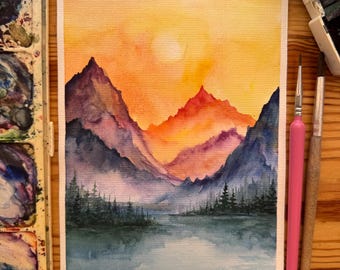 オリジナル水彩画 山川 松の木 風景画 6x8インチ - Etsy 日本