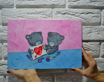 Teddy Bears Painting: Original Acrylic Art for Kids Room (8x12)