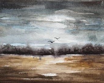 Original Watercolor Misty Lake Painting: Abstract Landscape Art, 8x6 inch