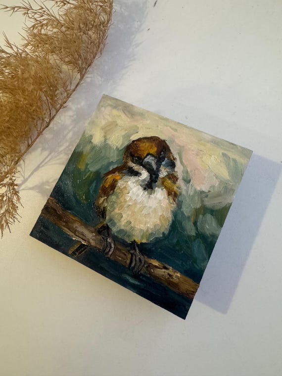 スズメの油絵：インパスト鳥アート、オリジナル壁装飾（4x4インチ
