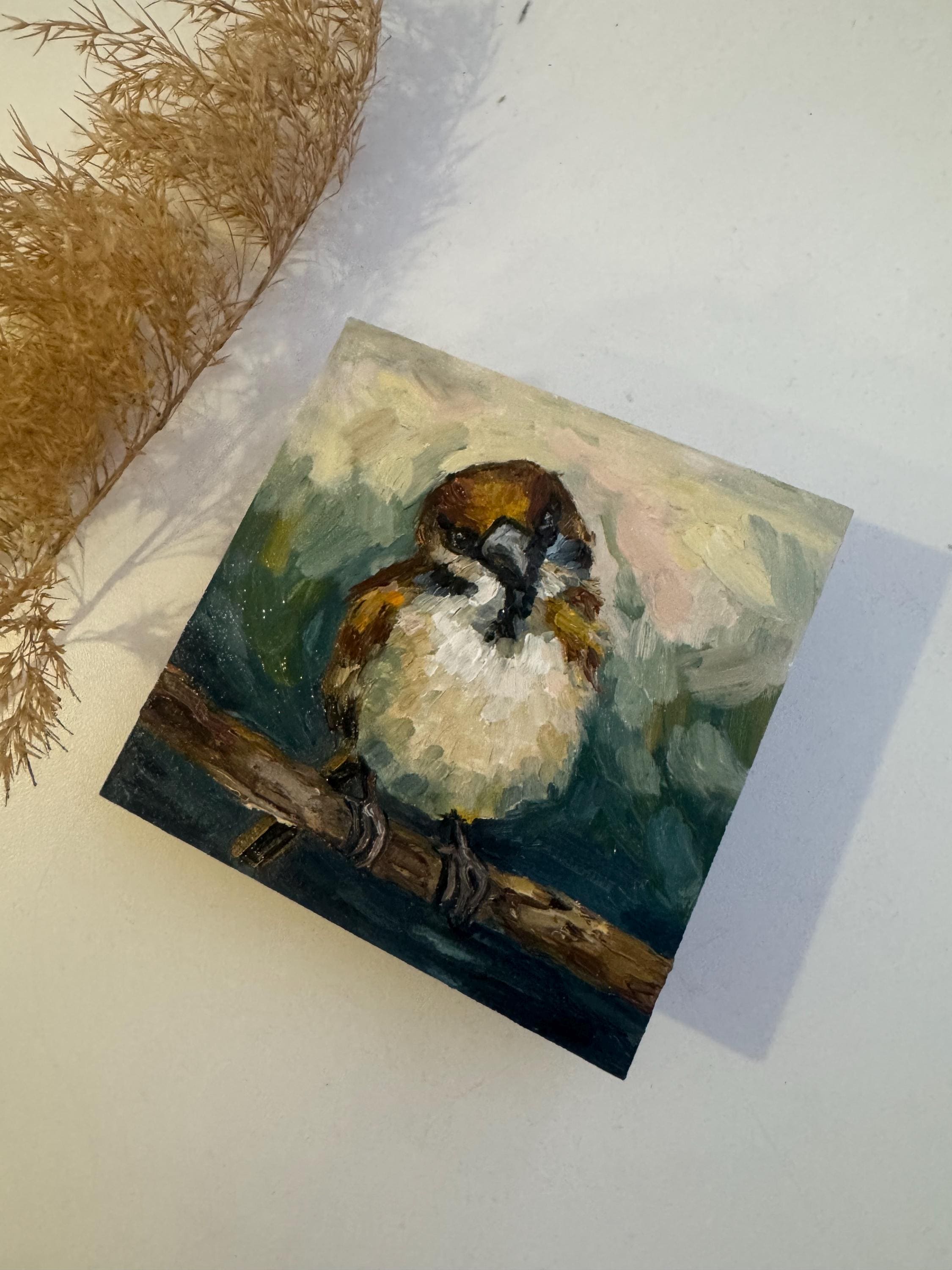 スズメの油絵：インパスト鳥アート、オリジナル壁装飾（4x4インチ