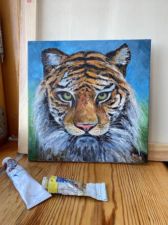 虎の絵画：オリジナルインパスト油絵肖像画、10x10インチの動物
