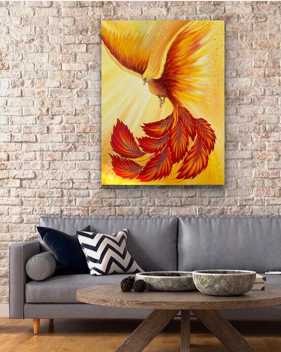 オリジナルフェニックス油絵：火の鳥インパストアート（35.5x23.5