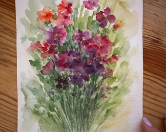 オリジナル水彩画「野の花」：草原の花のアート、8x6インチ - Etsy 日本
