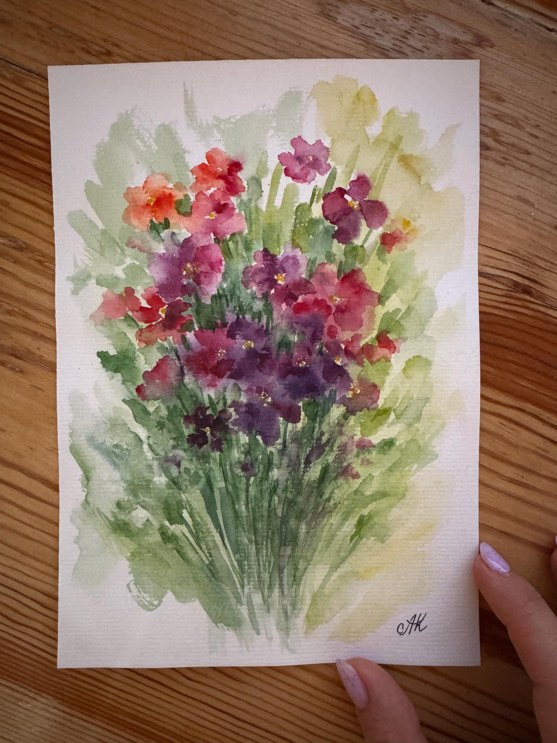 オリジナル水彩画「野の花」：草原の花のアート、8x6インチ - Etsy 日本