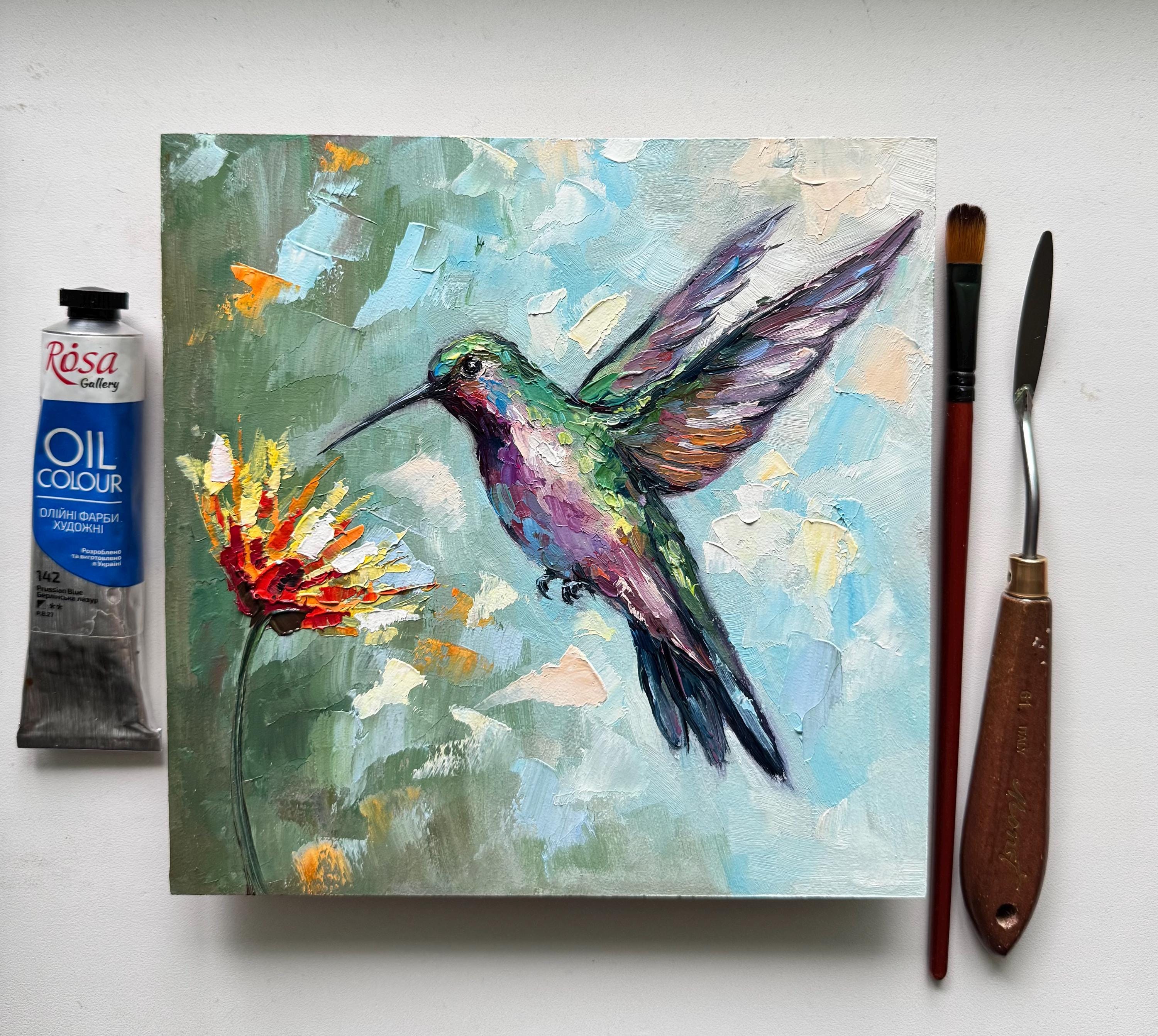 ハチドリの油絵：オリジナル厚塗り鳥画、8x8インチ - Etsy 日本
