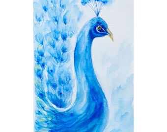 Originele pauw-aquarelschilderij: kleurrijke vogel kunst aan de muur (8 x 6)