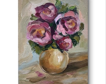 Oryginalny obraz impasto z piwonią: abstrakcyjna sztuka kwiatowa, 7x5