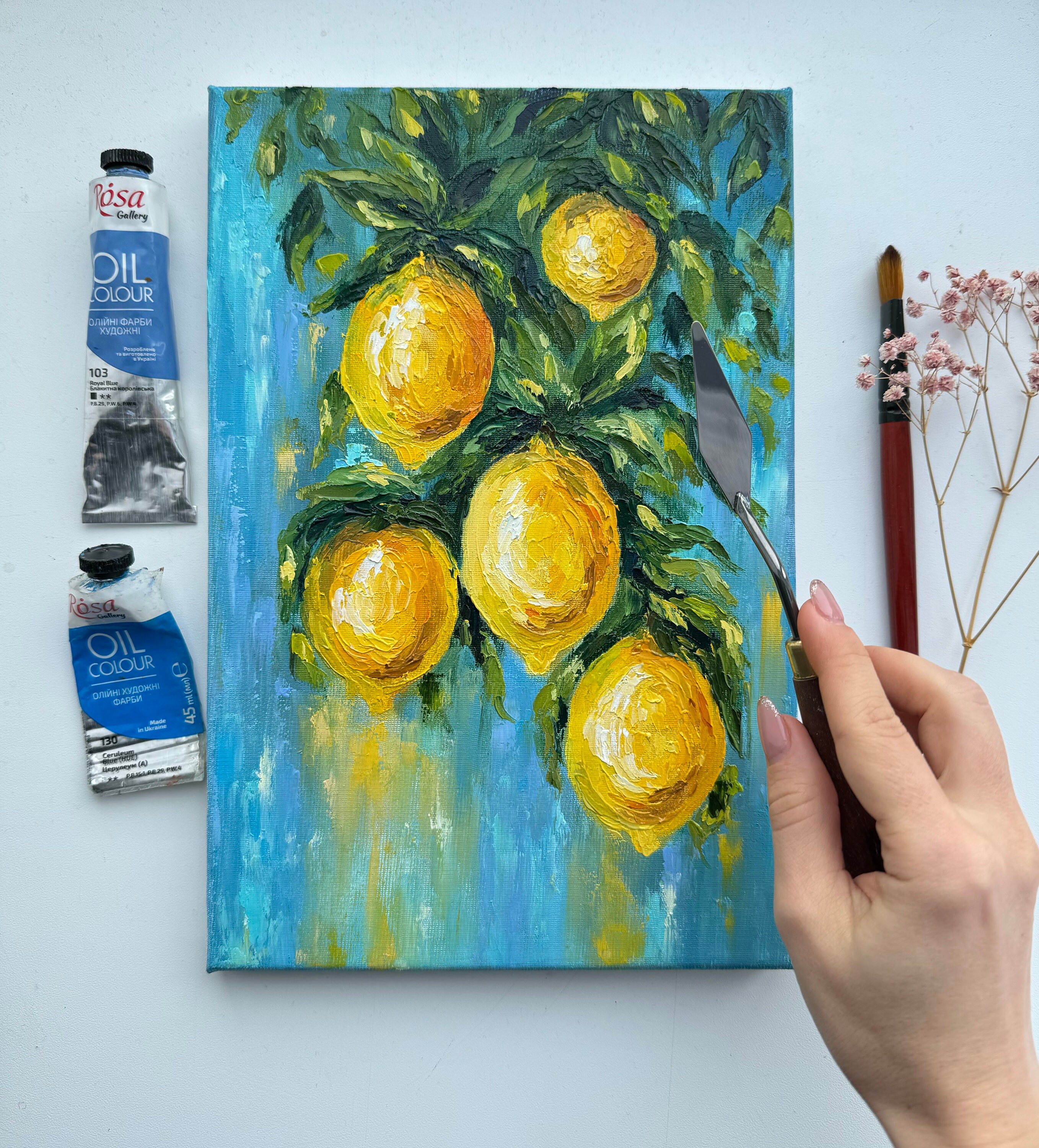 レモンの絵画：オリジナルシトラスオイルインパストアート、12x8