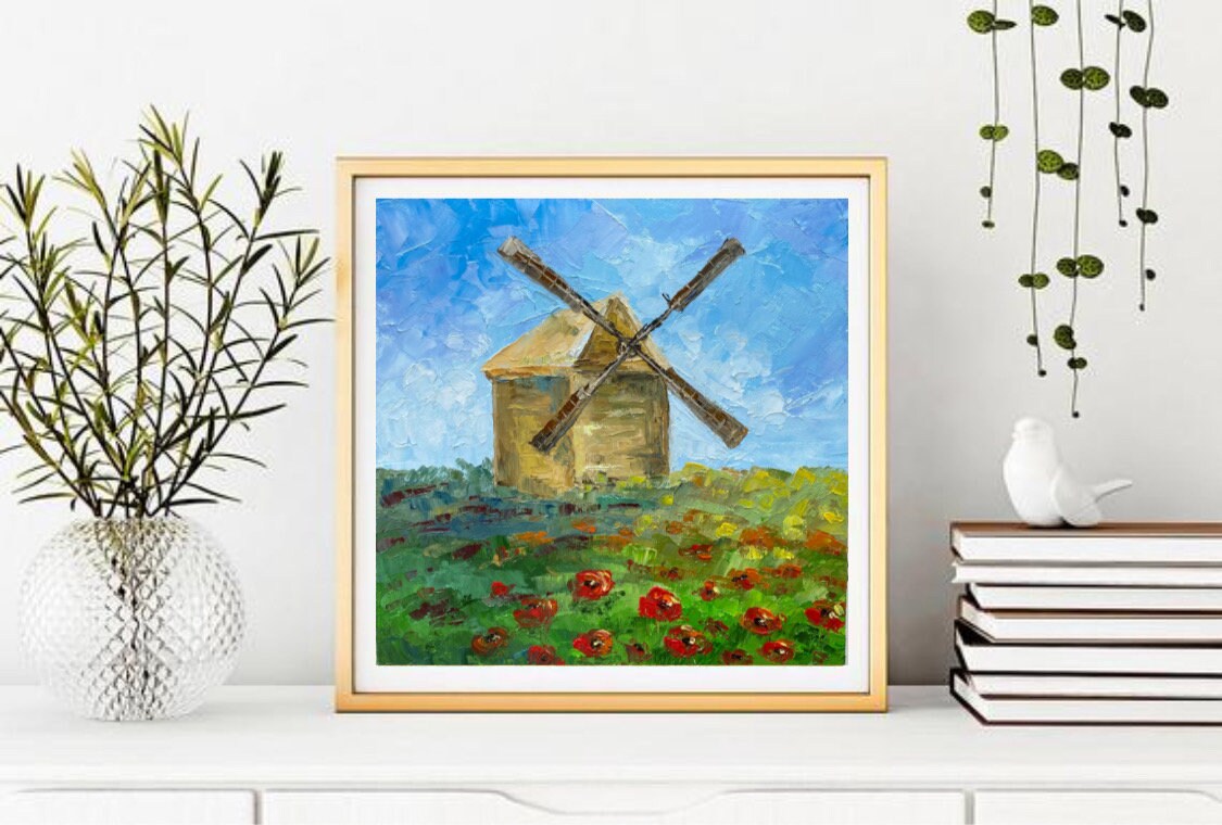 インパスト風車画：オランダの風景画オリジナルアート（8x8） - Etsy 日本