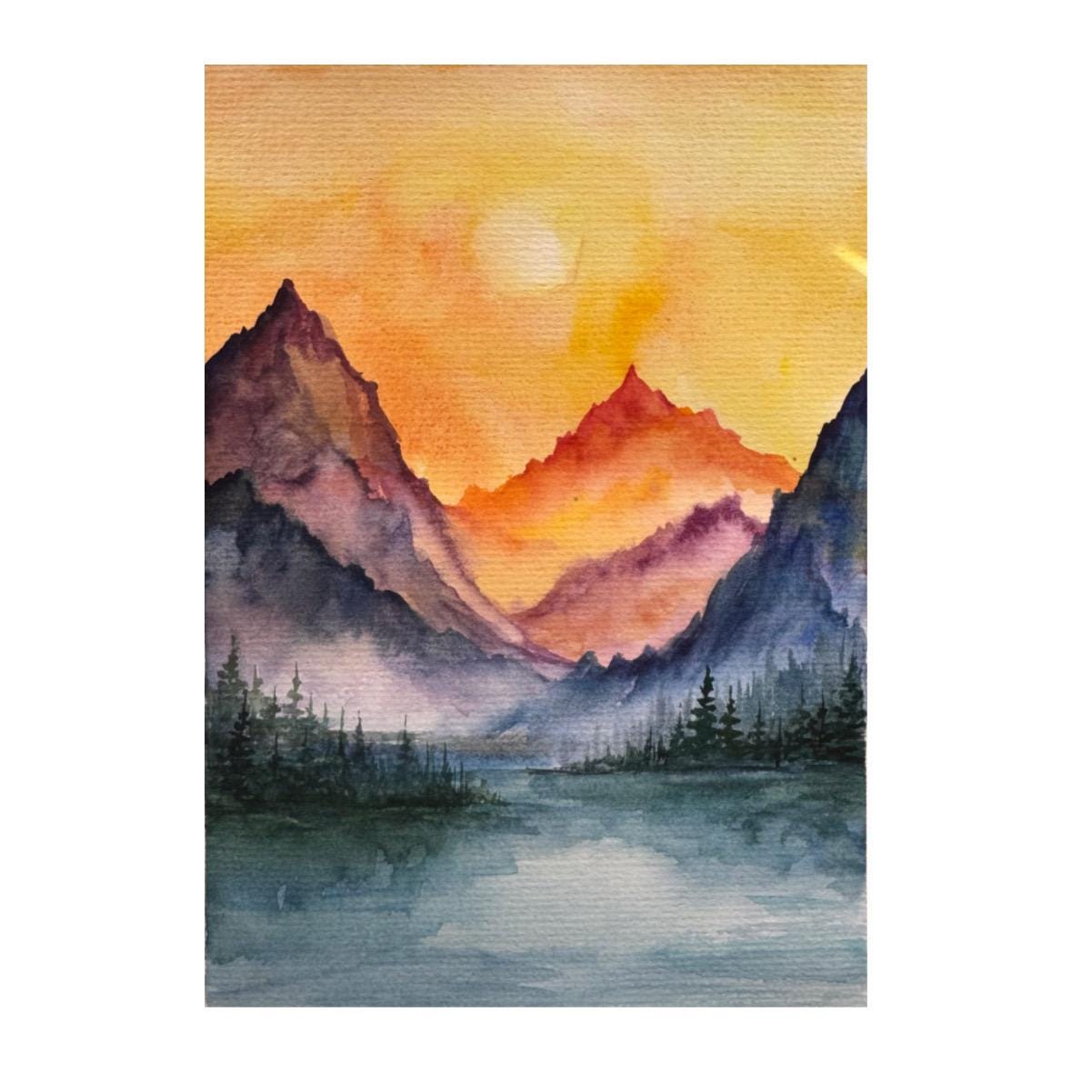 オリジナル水彩画 山川 松の木 風景画 6x8インチ - Etsy 日本