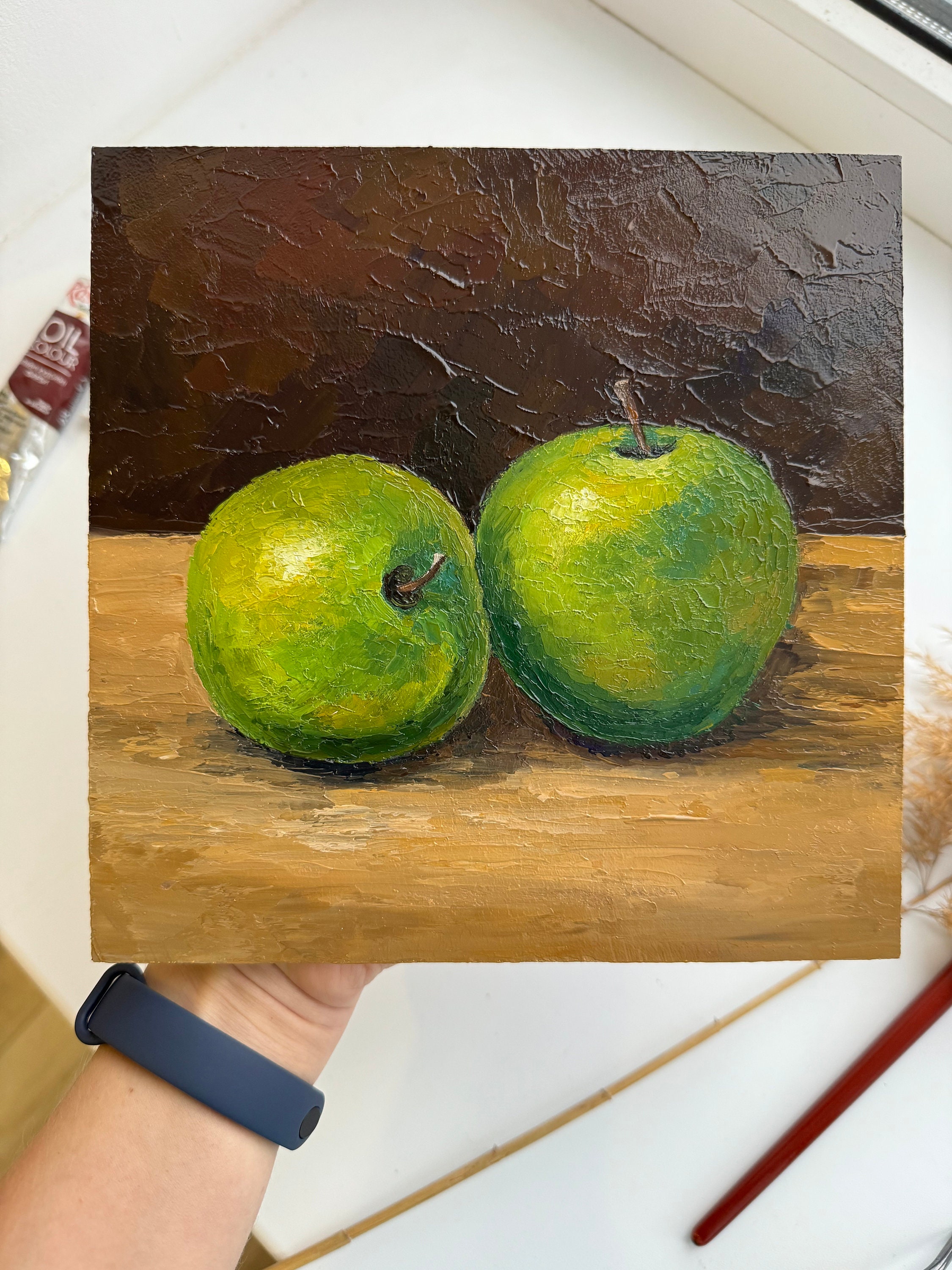自家製絵の具 Apple Green Coarseハーフパン Green Apple Oil Painting: Impasto Fruit Still Life, 8x8 - Etsy