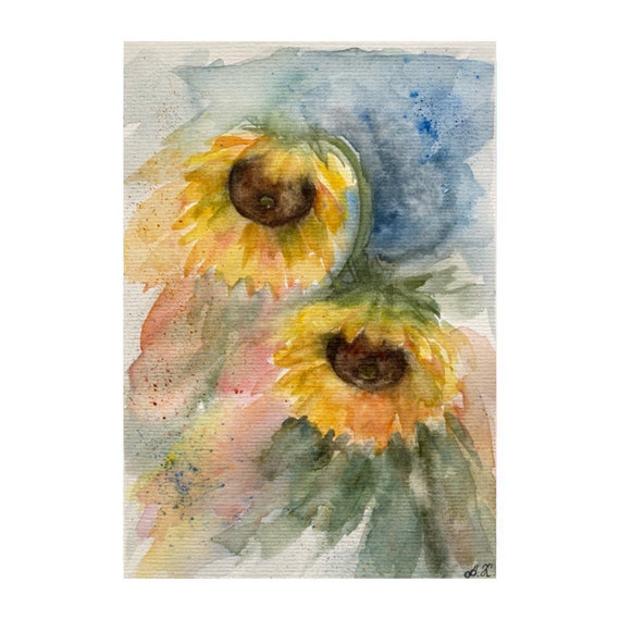 オリジナルひまわり水彩画：花の壁アート（8x6） - Etsy 日本
