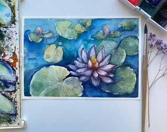 Seerosen Malerei Lotus Original Kunst Seerosen Aquarell Malerei Lotus Wandkunst Teich Kunstwerk Seerosen kleine Kunst 15x20 cm