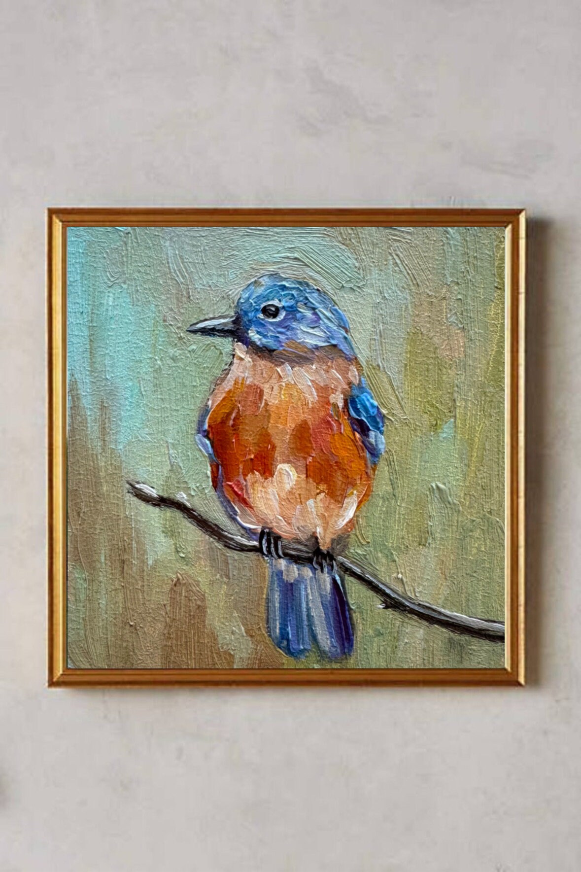 青い鳥の油絵：小さなインパスト鳥アート（4x4インチ） - Etsy 日本
