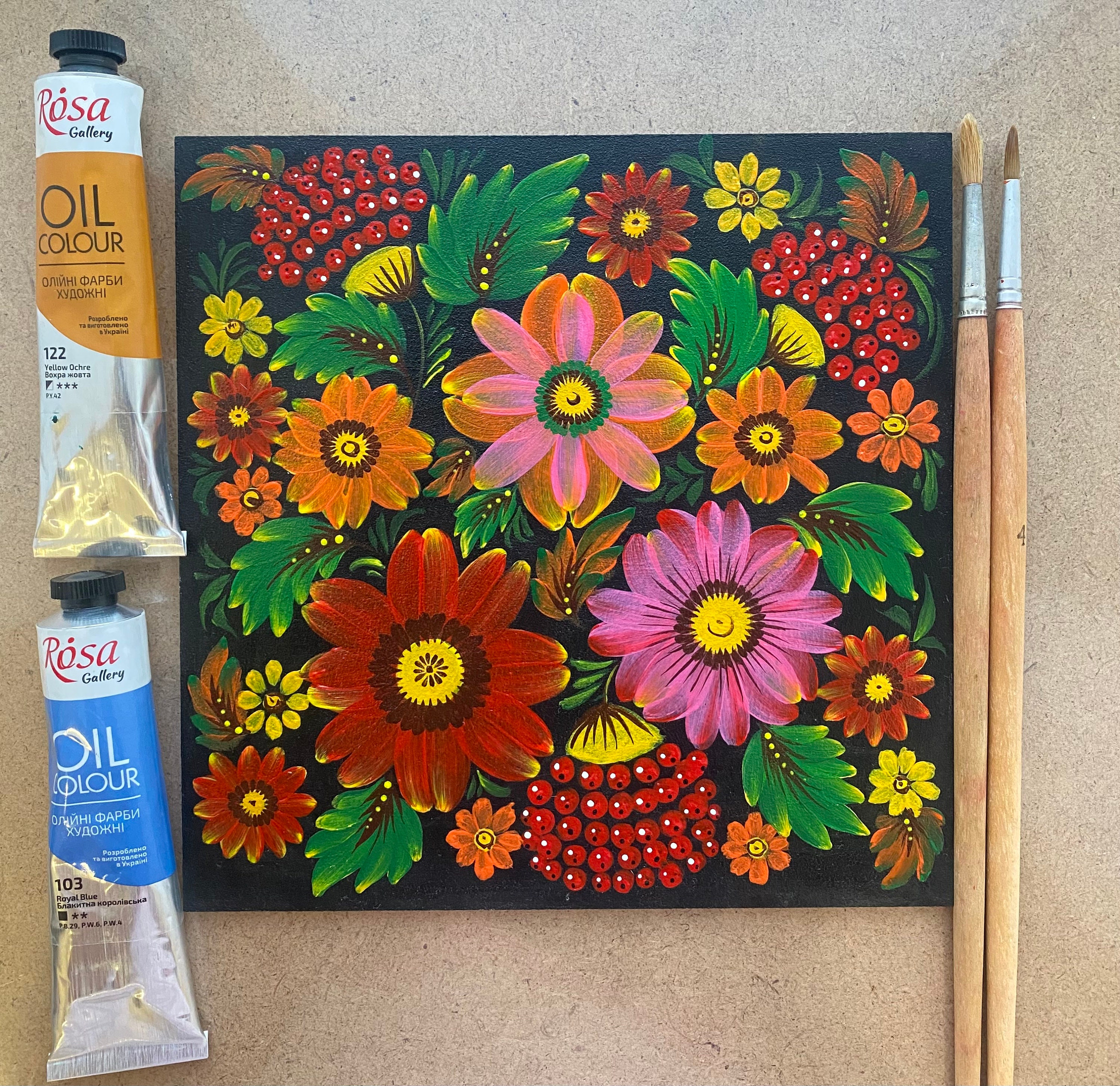 Ukrainian Flowers Painting, Original Petrykivka Floral Wall Art