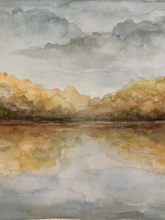 霧の湖の水彩画：オリジナルの秋の風景画（8 x 6インチ） - Etsy 日本