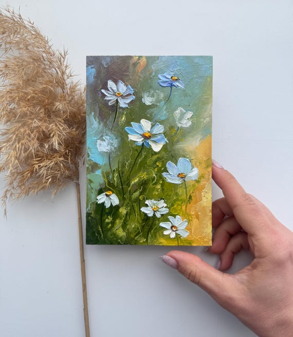 デイジーの油絵：厚塗り技法を用いた花畑の風景画（6×4インチ） - Etsy