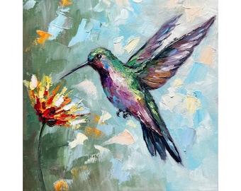 Hummingbird Oil Painting: Original Impasto Bird Art, 8x8