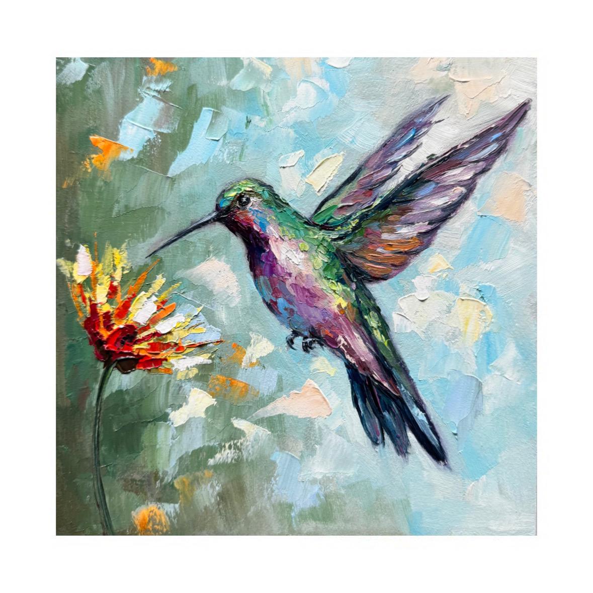 ハチドリの油絵：オリジナル厚塗り鳥画、8x8インチ - Etsy 日本