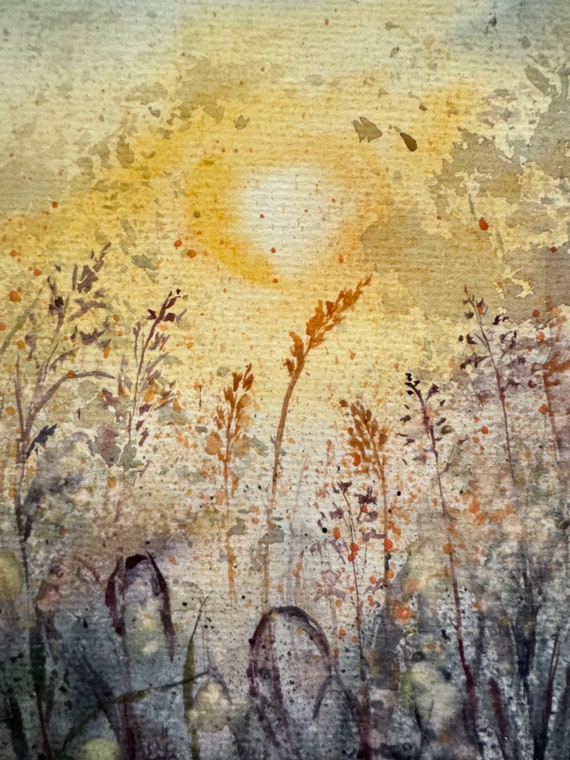 オリジナルの野花の水彩画：草原の夕焼けアート（8x6インチ） - Etsy 日本