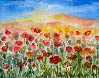 Tuscany Poppy Field Watercolor Painting: Original Italy Landscape Art (6x8)