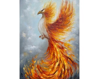 Phoenix Painting: Impasto Oil on Canvas - Fiery Bird Art 12x8 Inch