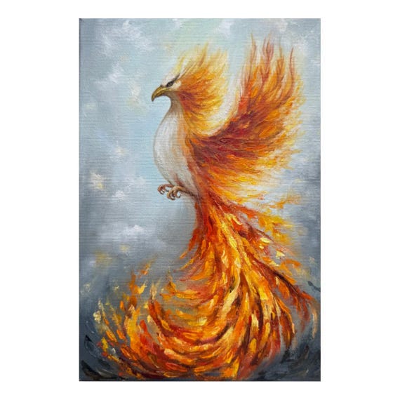 フェニックスの絵画：キャンバスに油彩を描いたインパスト画 - 燃える