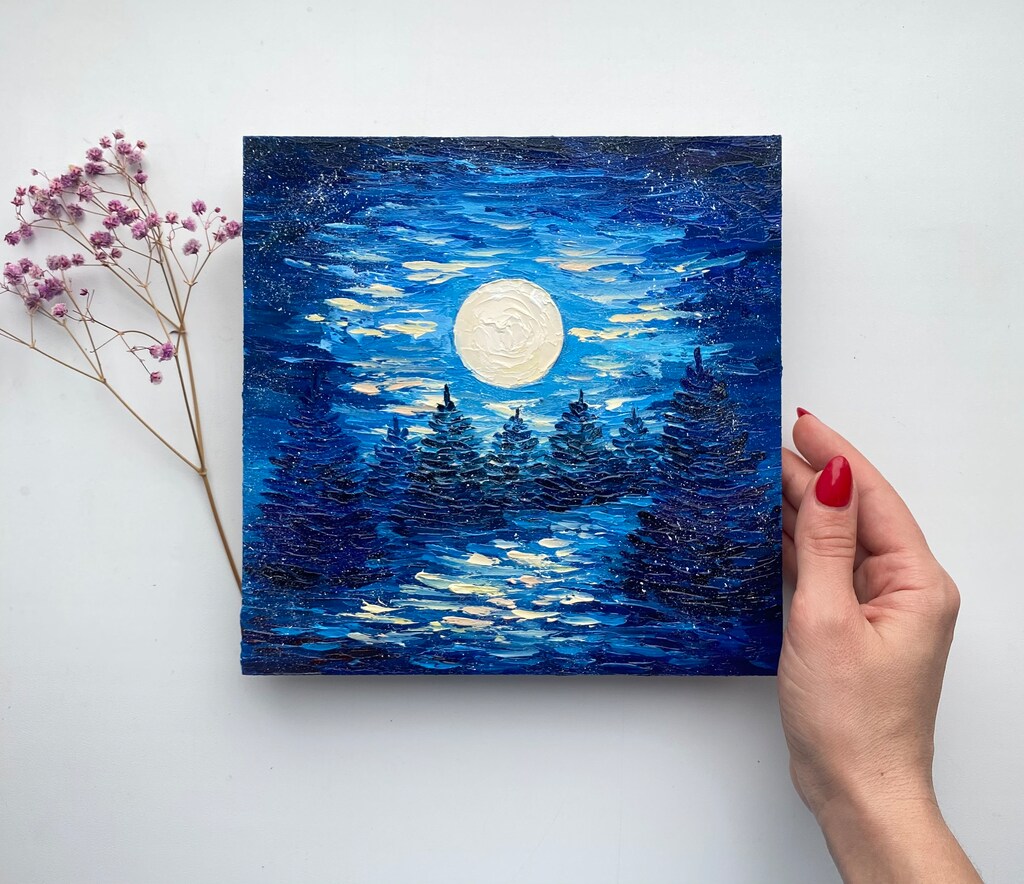 Artsbay Quadro Su Tela 4 Pezzi, Luna Piena Nella Foresta, Stampe Giclée Incorniciate, 2 Da 30,5x61 Cm E 2 Da 30,5x81,3 Cm, Pronto Da Appendere
