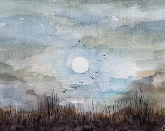 Original Watercolor Misty Landscape Painting: Abstract Landscape Art, 8x6 inches