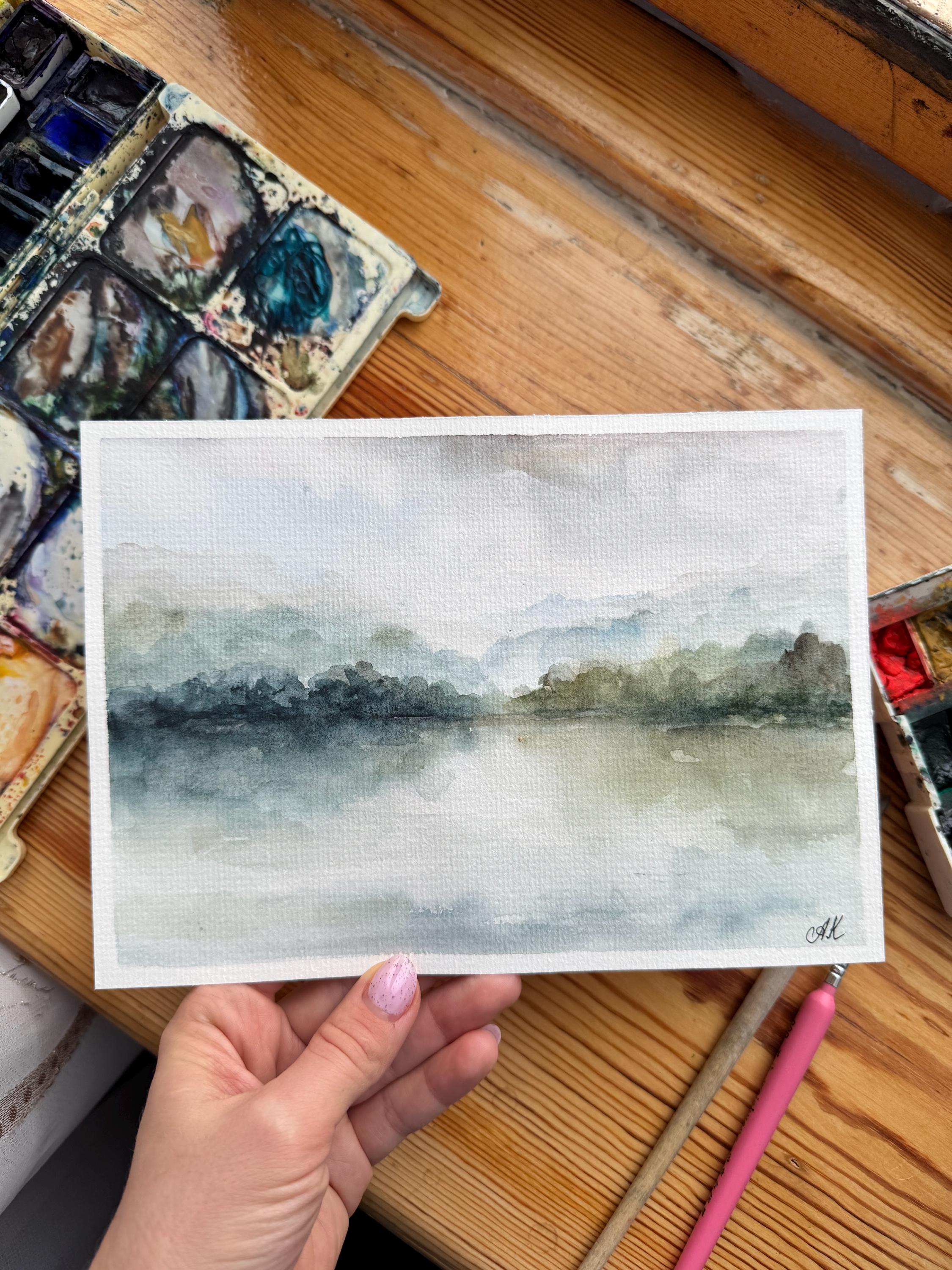 霧の湖の絵画：オリジナル水彩風景画（8 x 6インチ） - Etsy 日本