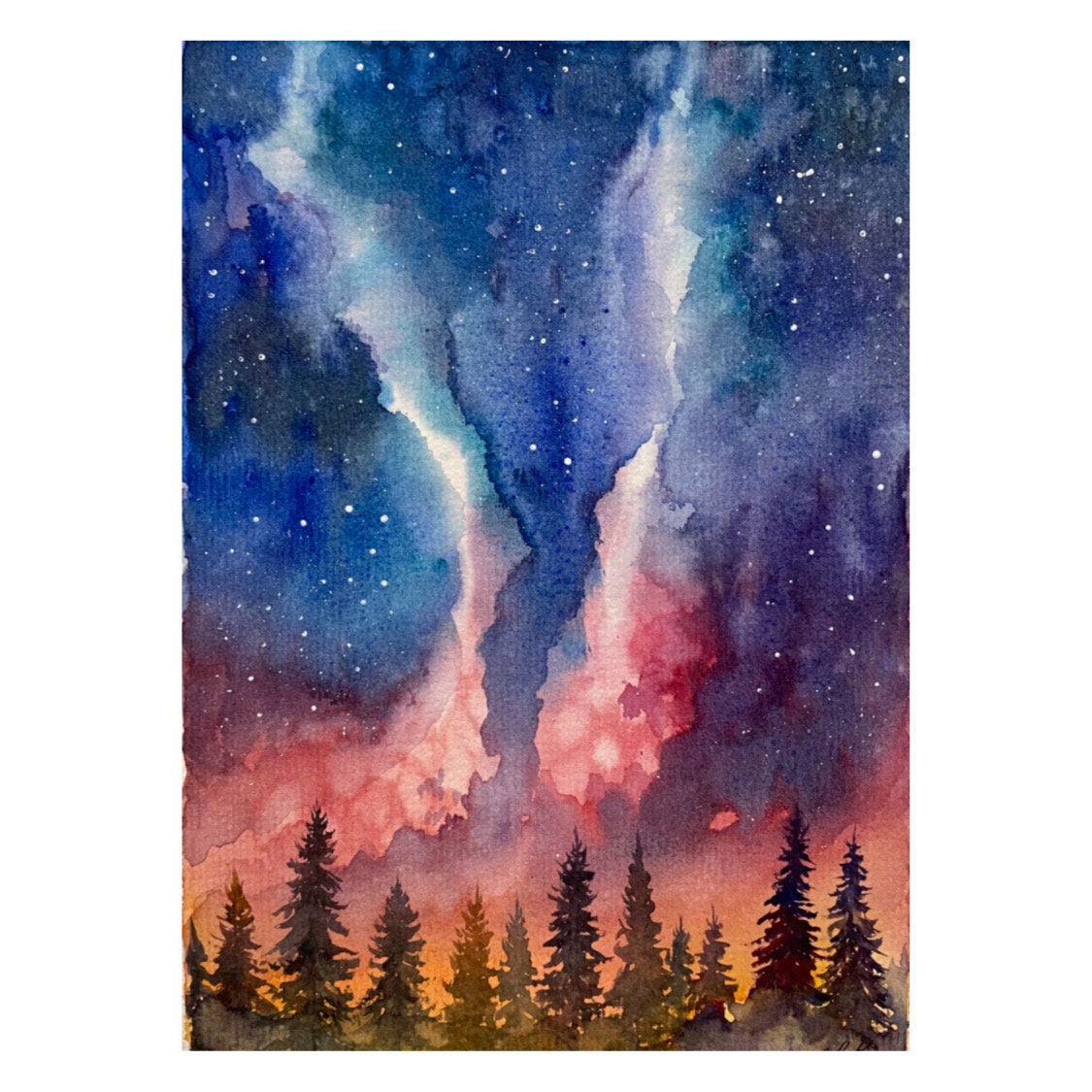 Nachthimmel Gemälde Original Kunst Aquarell Wald Wand Kunst | Etsy