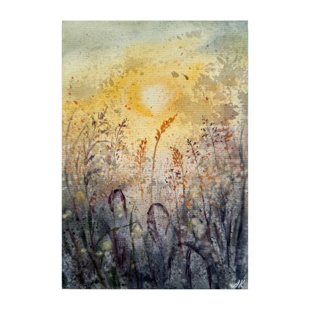 オリジナルの野花の水彩画：草原の夕焼けアート（8x6インチ） - Etsy 日本
