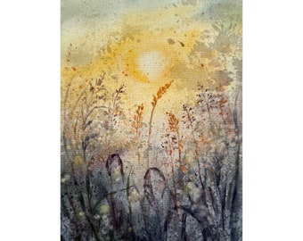 オリジナルの野花の水彩画：草原の夕焼けアート（8x6インチ） - Etsy 日本