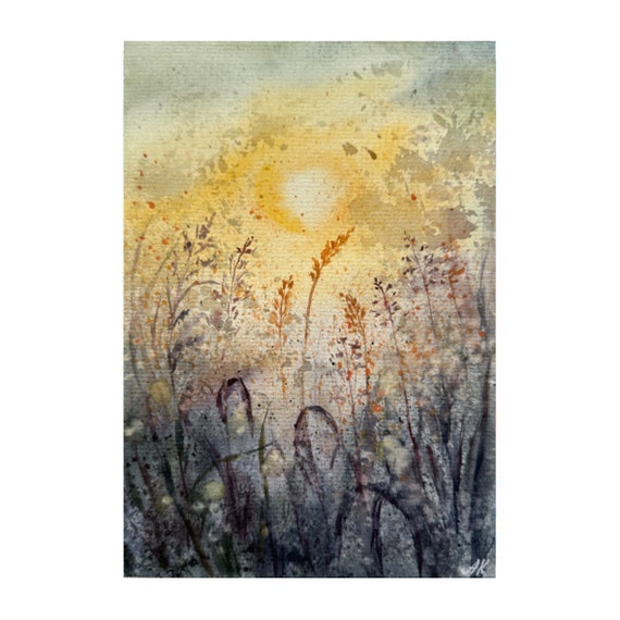 オリジナルの野花の水彩画：草原の夕焼けアート（8x6インチ） - Etsy 日本