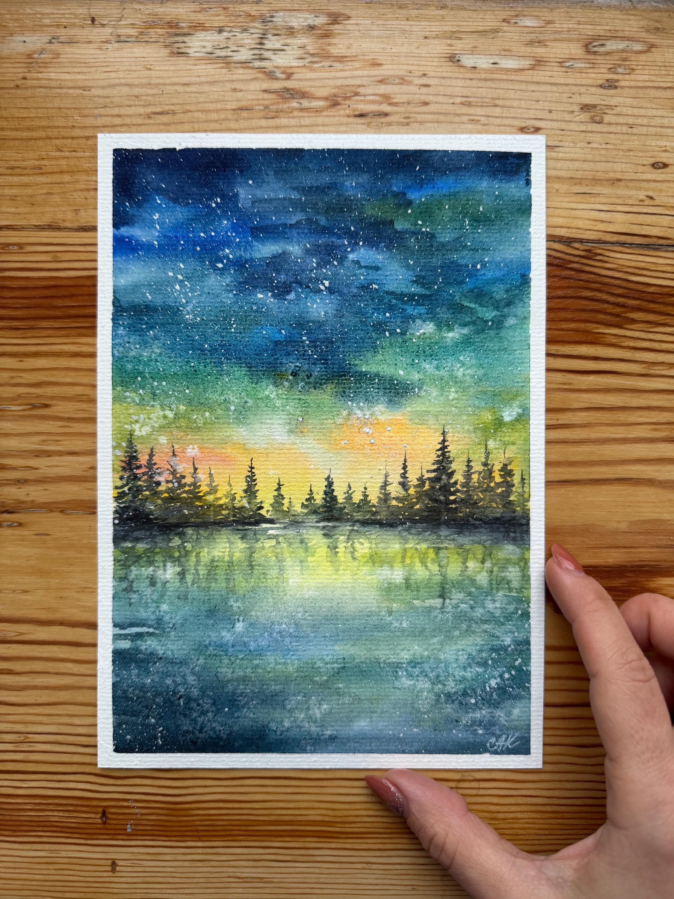オリジナル水彩画：オーロラ、ミネソタの風景画（6x8） - Etsy 日本