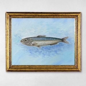 Sardine Malerei: Original Fisch Stillleben, Französische Landküche Kunst 15x20cm