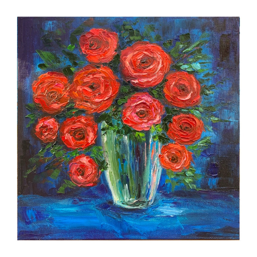 Red Rose Impasto Painting: Floral Oil Painting on Canvas (10x10